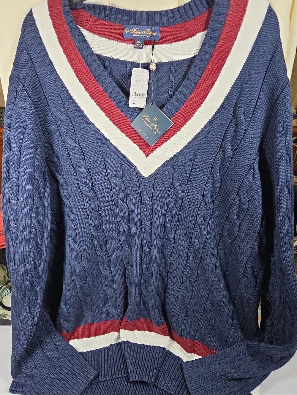 NWT Brooks Brothers Tennis V-Neck Cable-Knit Sweater Mens XXL Navy Blue Cotton